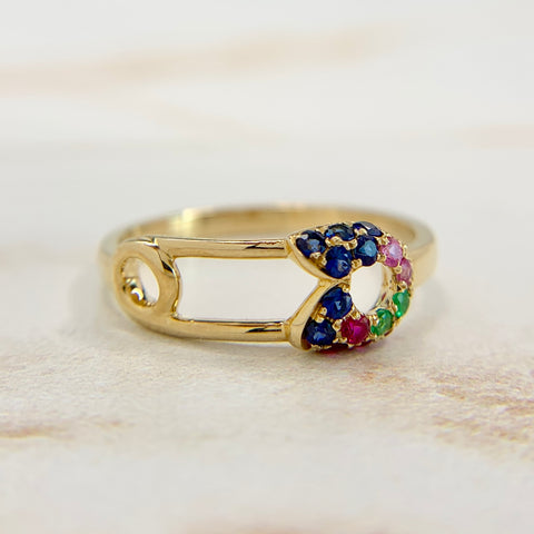 Safety Pin Ring with Sapphires Rubies and Emeralds 14k Yellow Gold