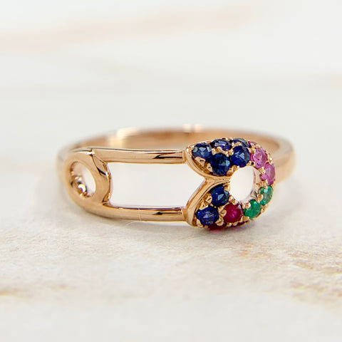 Safety Pin Ring with Sapphires Rubies and Emeralds 14k Rose Gold