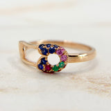 Safety Pin Ring with Sapphires Rubies and Emeralds 14k Rose Gold